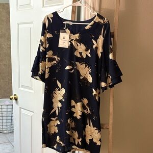 Elegant Navy and Gold Floral Midi Dress